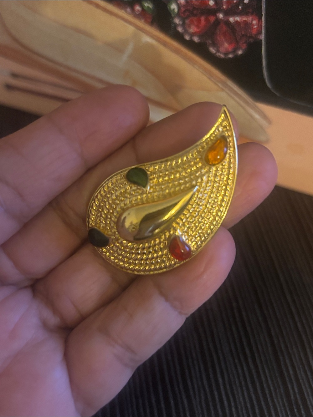 Gold-Tone Paisley Brooch with Multicolor Teardrop Accents